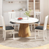 Round dining table with four white upholstered wooden chairs, featuring padded seats and a rubber wood frame for.