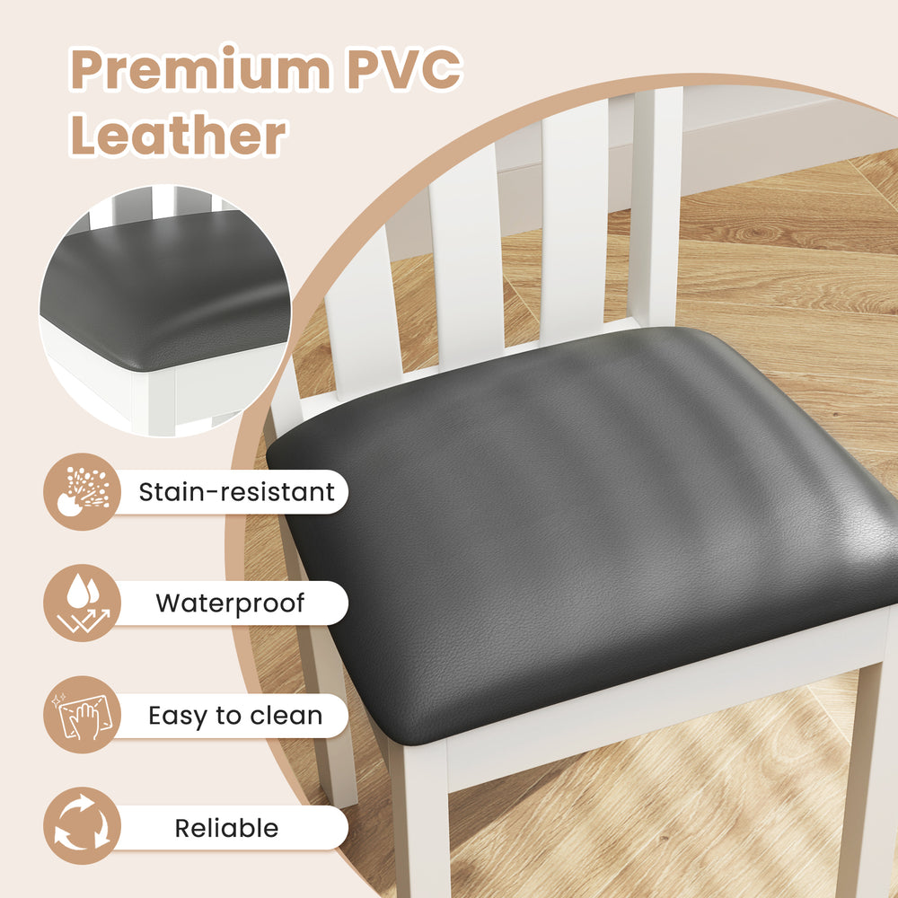 Close-up of a padded seat in premium PVC leather, waterproof and easy to clean, ideal for dining chair comfort.