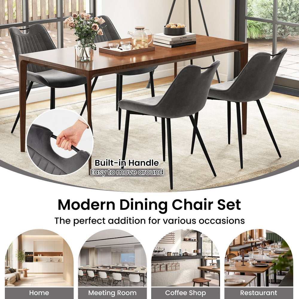 Gray dining chair set of 4 with faux leather upholstery and metal legs, featuring built-in handles for easy movement.