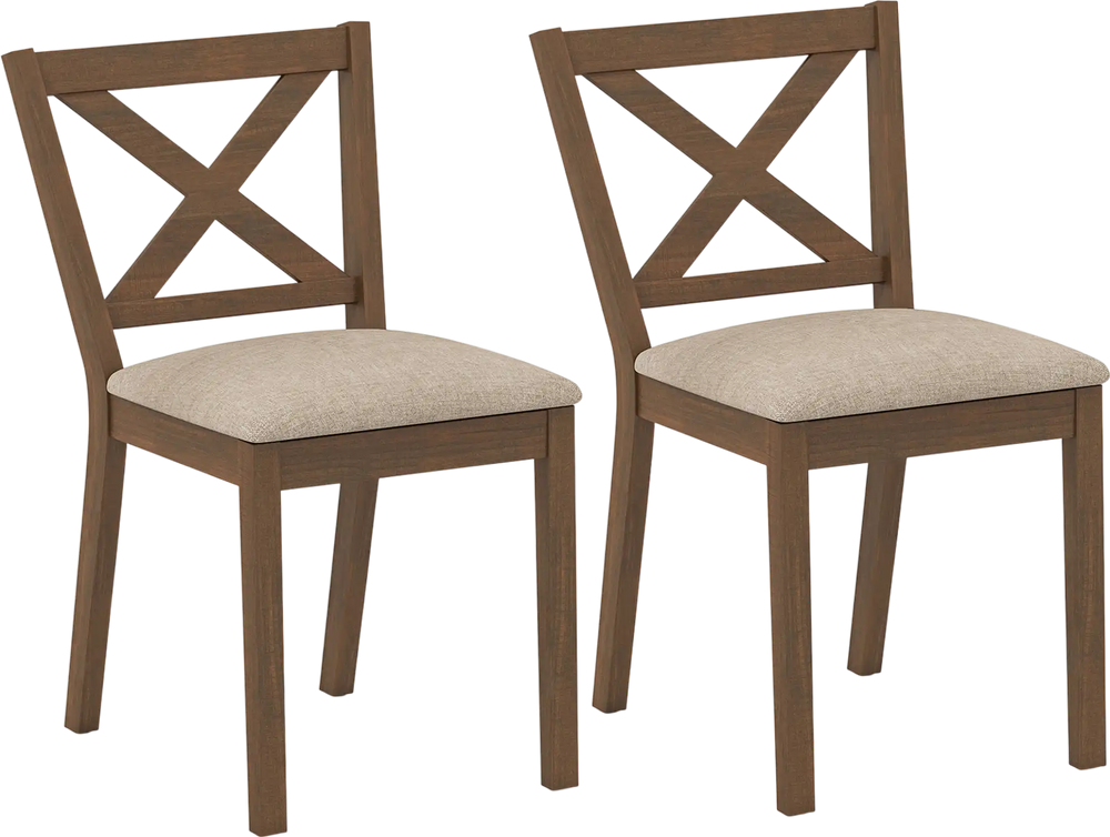 Set of 2 brown dining chairs with upholstered seats and X-shaped backrest, perfect for kitchens and dining rooms.