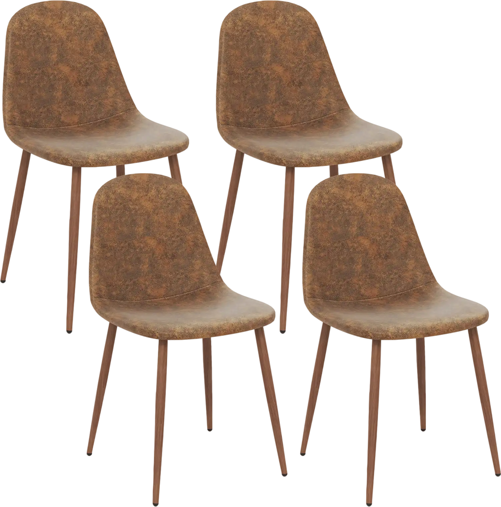 Set of 4 brown faux PU leather dining chairs with metal legs, perfect for dining rooms and cafes.