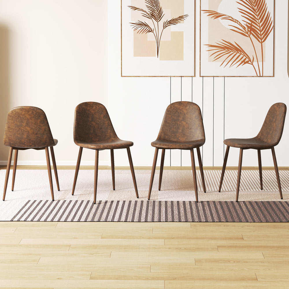 Set of 4 brown dining chairs with faux PU leather upholstery and metal legs, ideal for dining rooms or cafes.