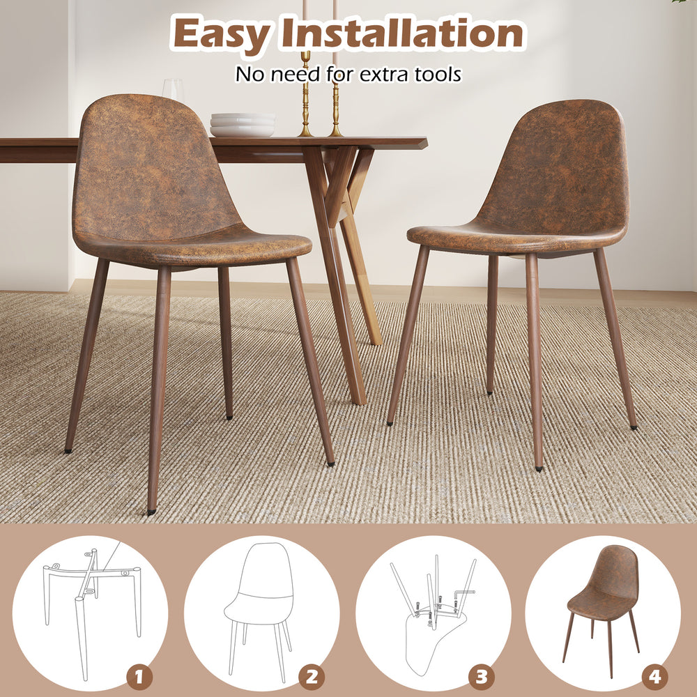 Set of 4 brown faux PU leather dining chairs with metal legs, featuring curved seats for comfort and easy installation.