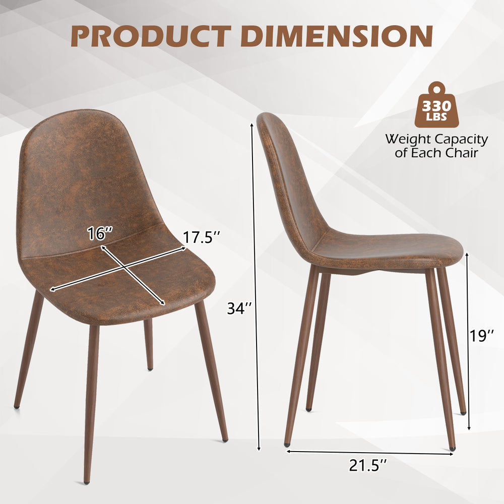 Dimensions of a brown faux PU leather dining chair with metal legs, showcasing a weight capacity of 330 lbs.