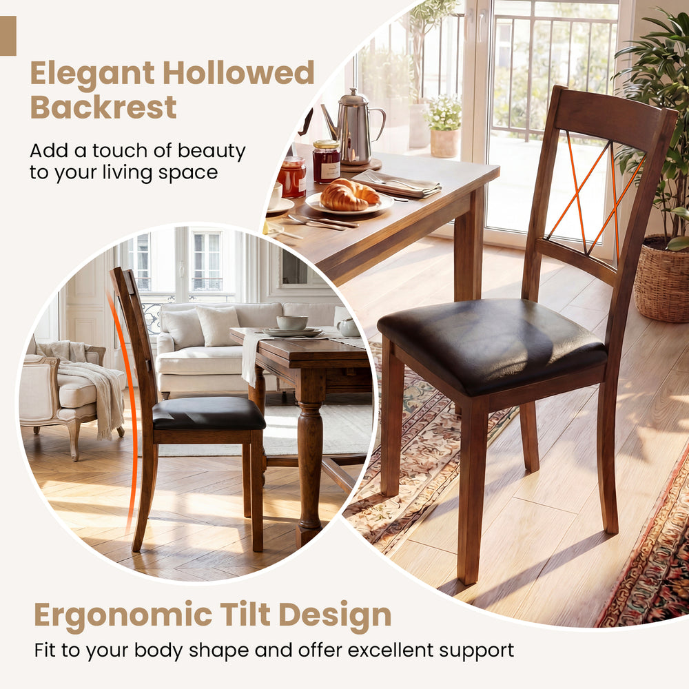 Dining chair with elegant hollowed backrest and ergonomic tilt design, featuring a walnut rubber wood frame and padded.