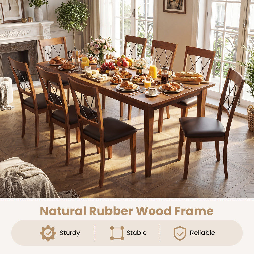 Walnut dining chair set featuring a natural rubber wood frame, curved backrest, and sponge padded seat for comfort.