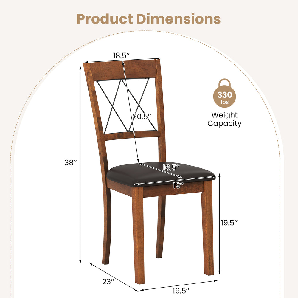 Dining chair dimensions with a walnut rubber wood frame, featuring a padded seat and elegant cross back design.