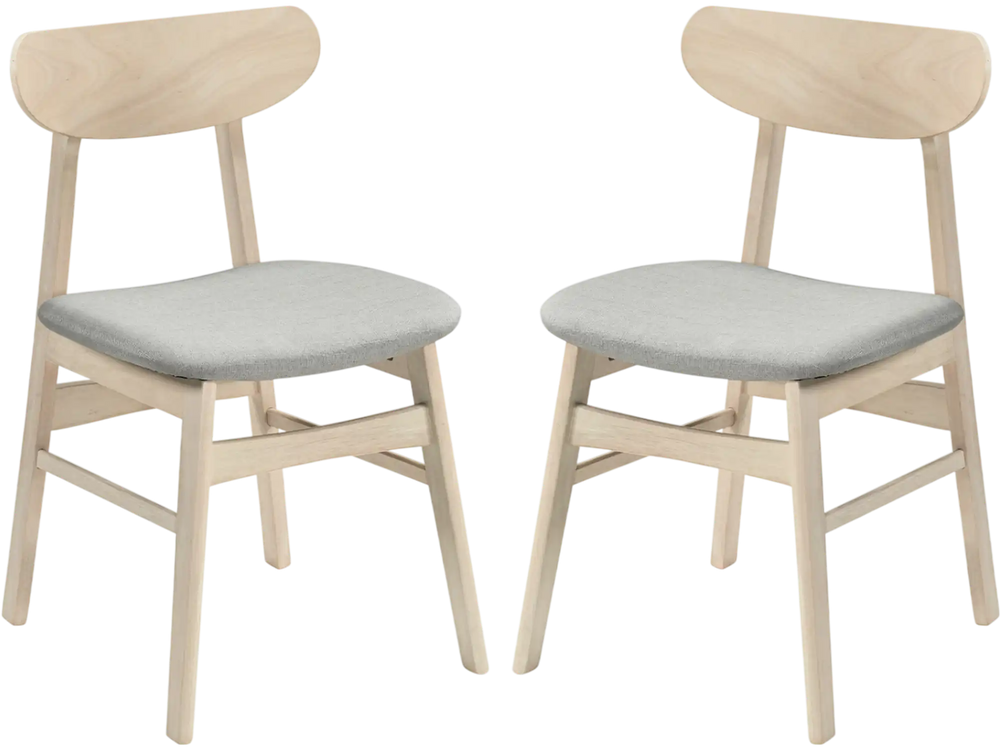 Set of 2 natural dining chairs with ergonomic curved backrests and gray fabric upholstery, perfect for kitchen or.