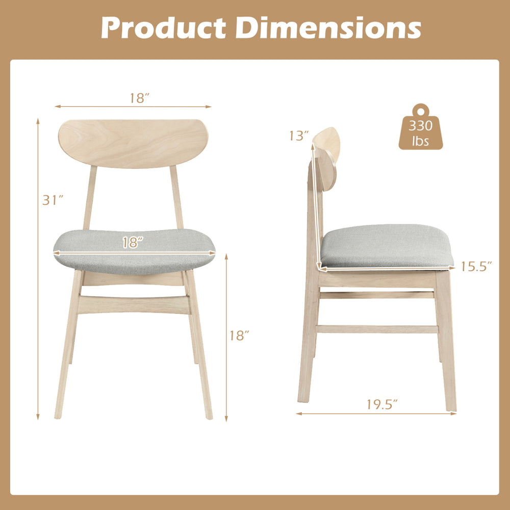 Dimensions of the Dining Chair Set of 2, featuring a natural rubber wood frame and upholstered fabric seat for comfort.