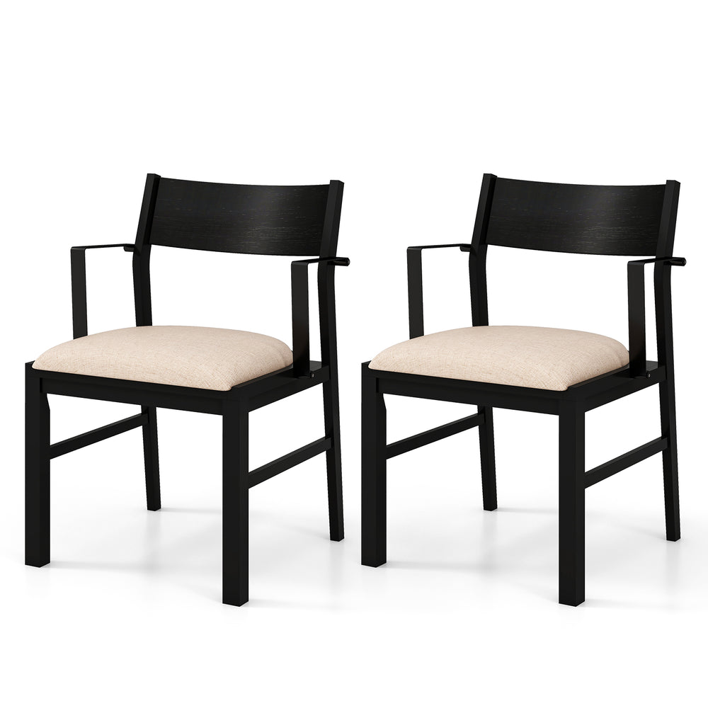 Set of 2 dining chairs with contoured backrest and padded beige seat, featuring solid wood legs for stability.