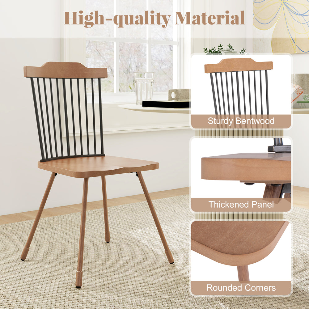 Dining chair with spindle back and ergonomic contoured seat in natural finish, featuring sturdy bentwood and metal legs.