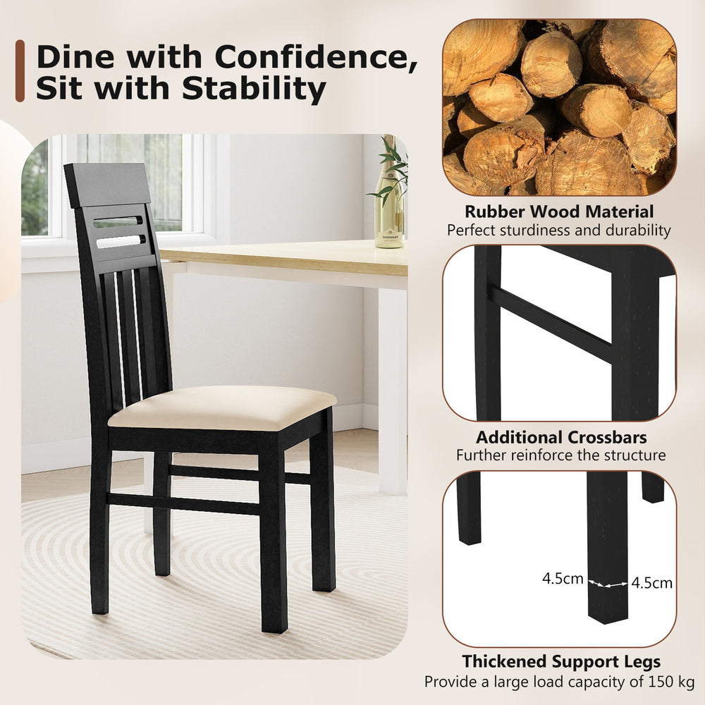 High back dining chair in black with rubber wood, PU leather seat, and thickened legs for sturdy support.
