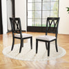 Side view of a dining chair with a curved cross back and beige upholstered seat, ideal for rustic dining room decor.