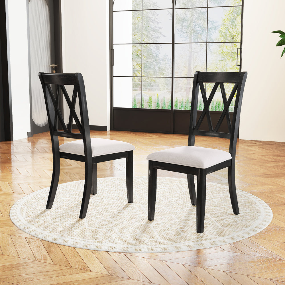 Side view of a dining chair with a curved cross back and beige upholstered seat, ideal for rustic dining room decor.