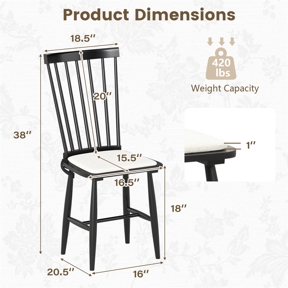 Dimensions of a black Windsor dining chair with removable cushion, solid rubber wood, supports up to 420 lbs.