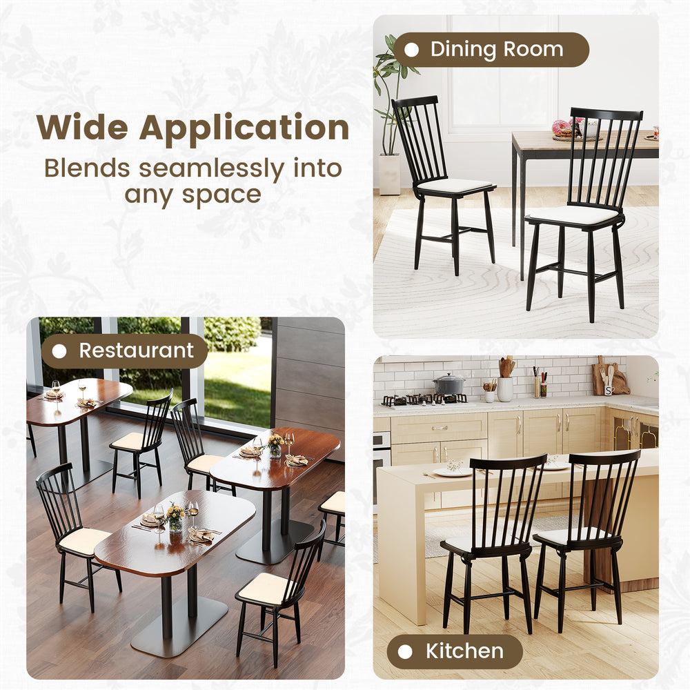 Set of 2 black farmhouse dining chairs with removable cushions, ideal for dining rooms, kitchens, or restaurants.