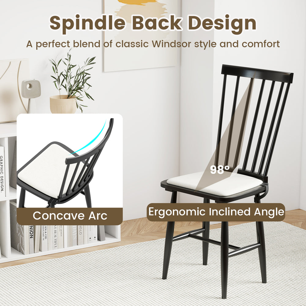 Black Windsor dining chair set with ergonomic curved backrest and removable seat cushions, perfect for dining rooms.