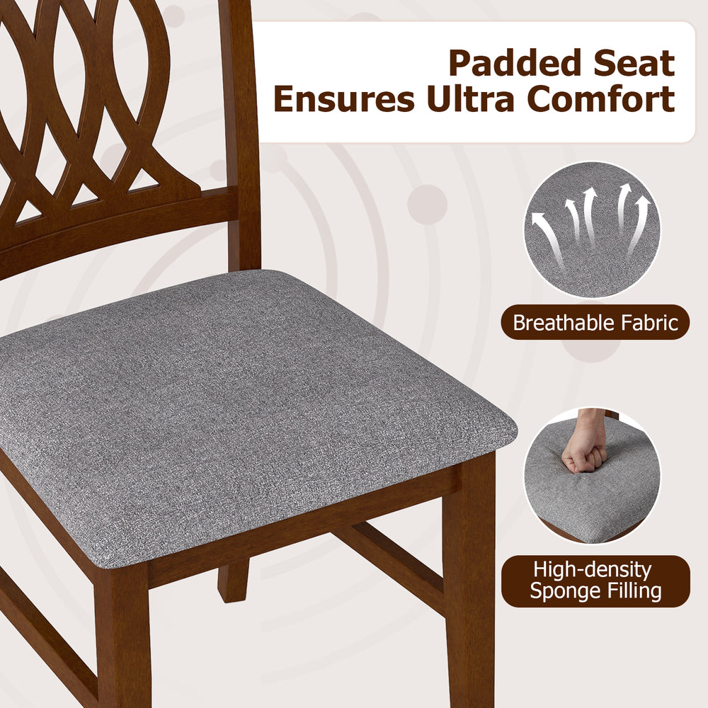 Padded seat dining chair in walnut finish with breathable fabric and high-density sponge filling for kitchen comfort.