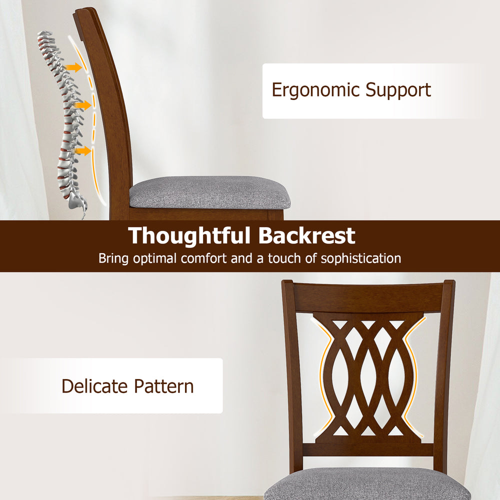 Ergonomic backrest and delicate pattern of walnut dining chairs set, designed for comfort and support in dining areas.