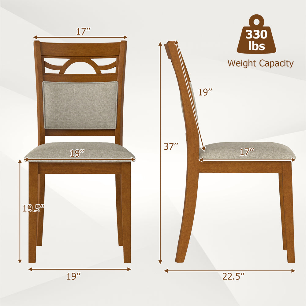 Brown dining chair with rubber wood frame, padded backrest, and 330 lbs capacity, shown from front and side views.