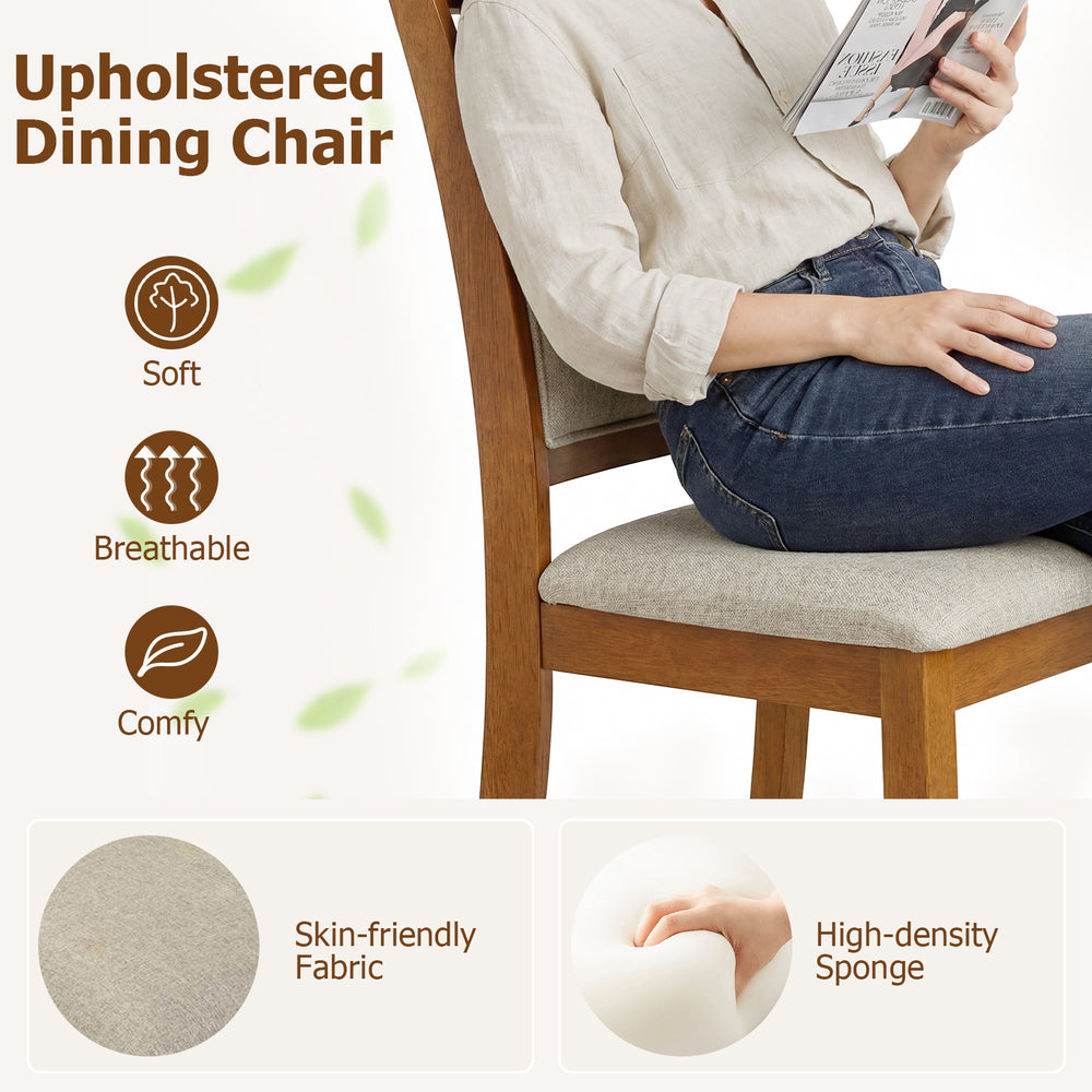 Upholstered dining chair with rubber wood frame, featuring a padded backrest and skin-friendly fabric for comfort.