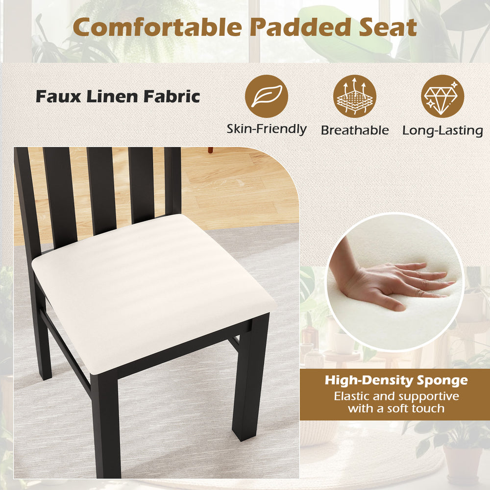 High back dining chair with padded seat in faux linen fabric, rubber wood frame, designed for comfort and durability.
