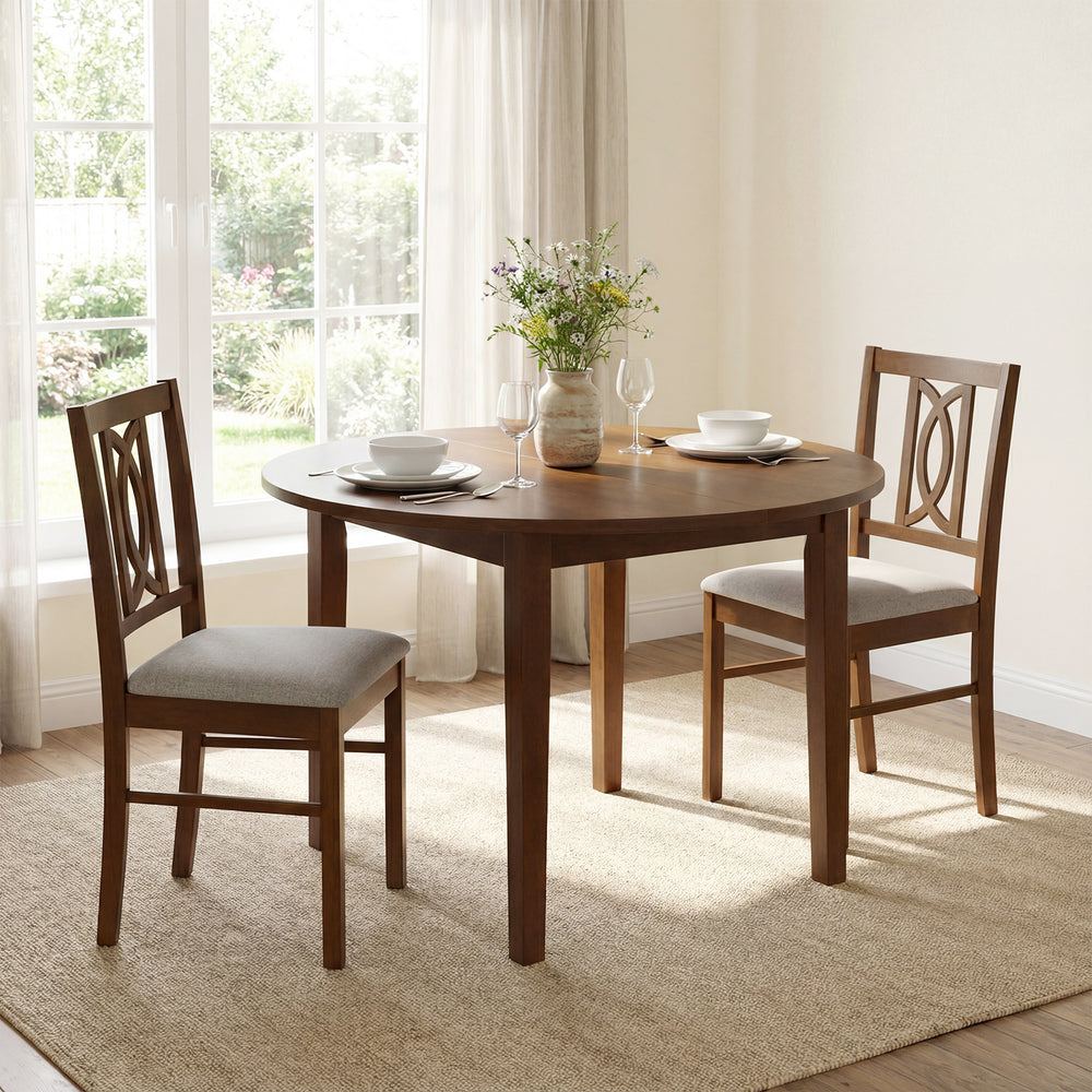 Set of 2 walnut rubber wood dining chairs with ergonomic hollowed backrest and faux linen upholstery for comfort.