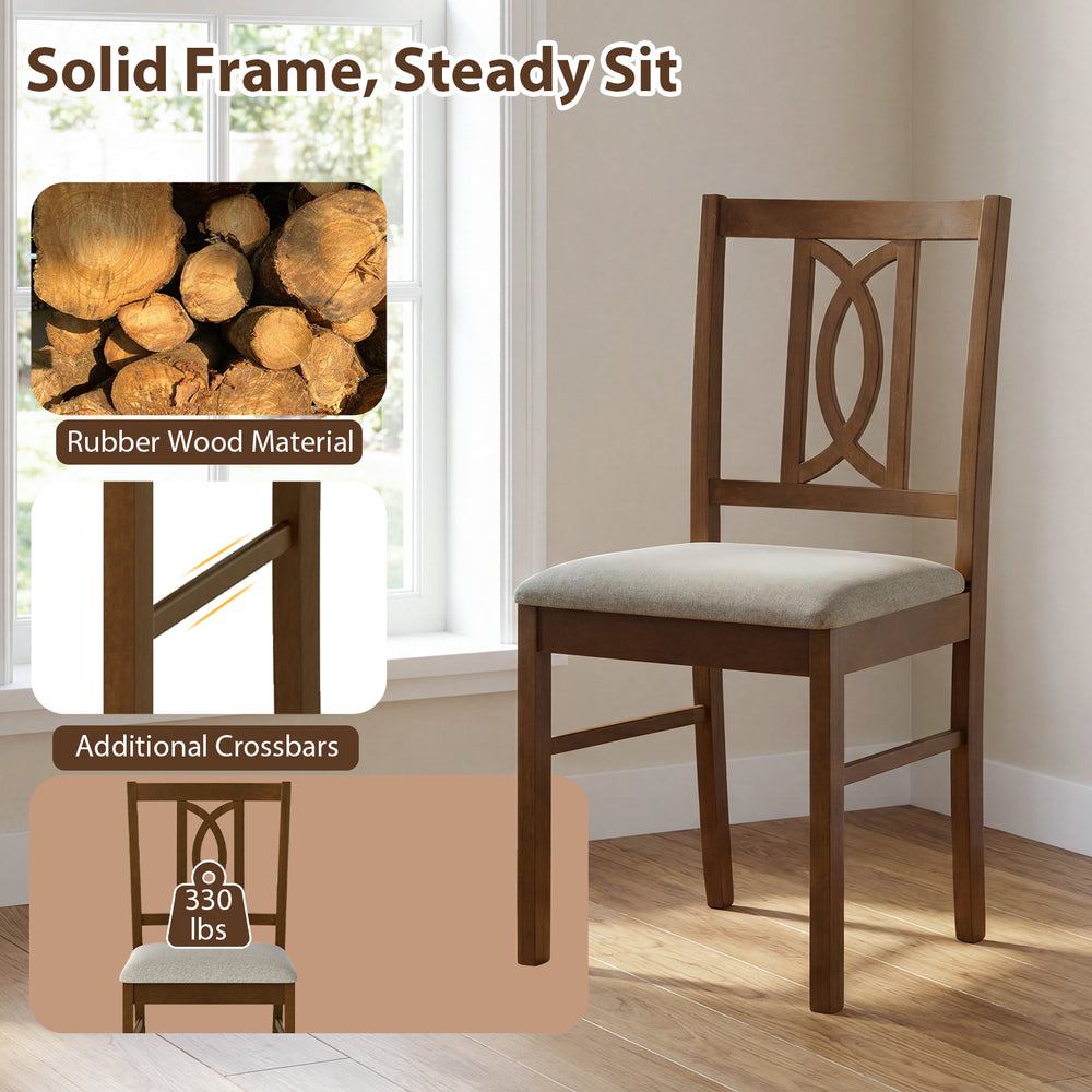 Walnut dining chair with ergonomic hollowed backrest, rubber wood material, and soft faux linen upholstery for comfort.