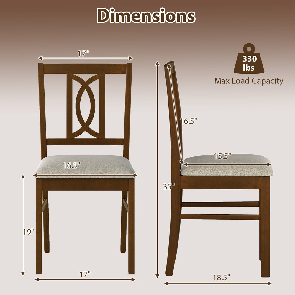 Dimensions of a set of 2 walnut rubber wood dining chairs with ergonomic hollowed backrest and faux linen upholstery.