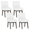 Set of 4 white fabric upholstered dining chairs with padded seats and gray rubber wood legs for kitchen or dining use.