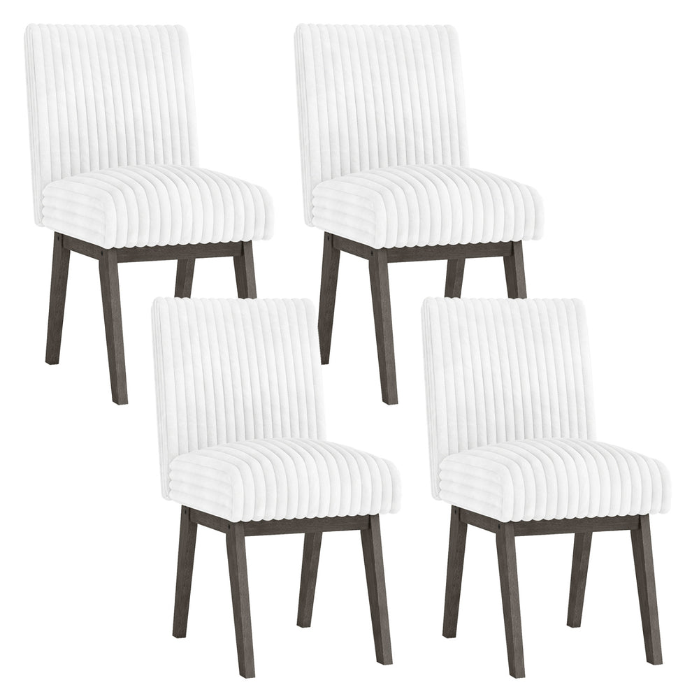 Set of 4 white fabric upholstered dining chairs with padded seats and gray rubber wood legs for kitchen or dining use.