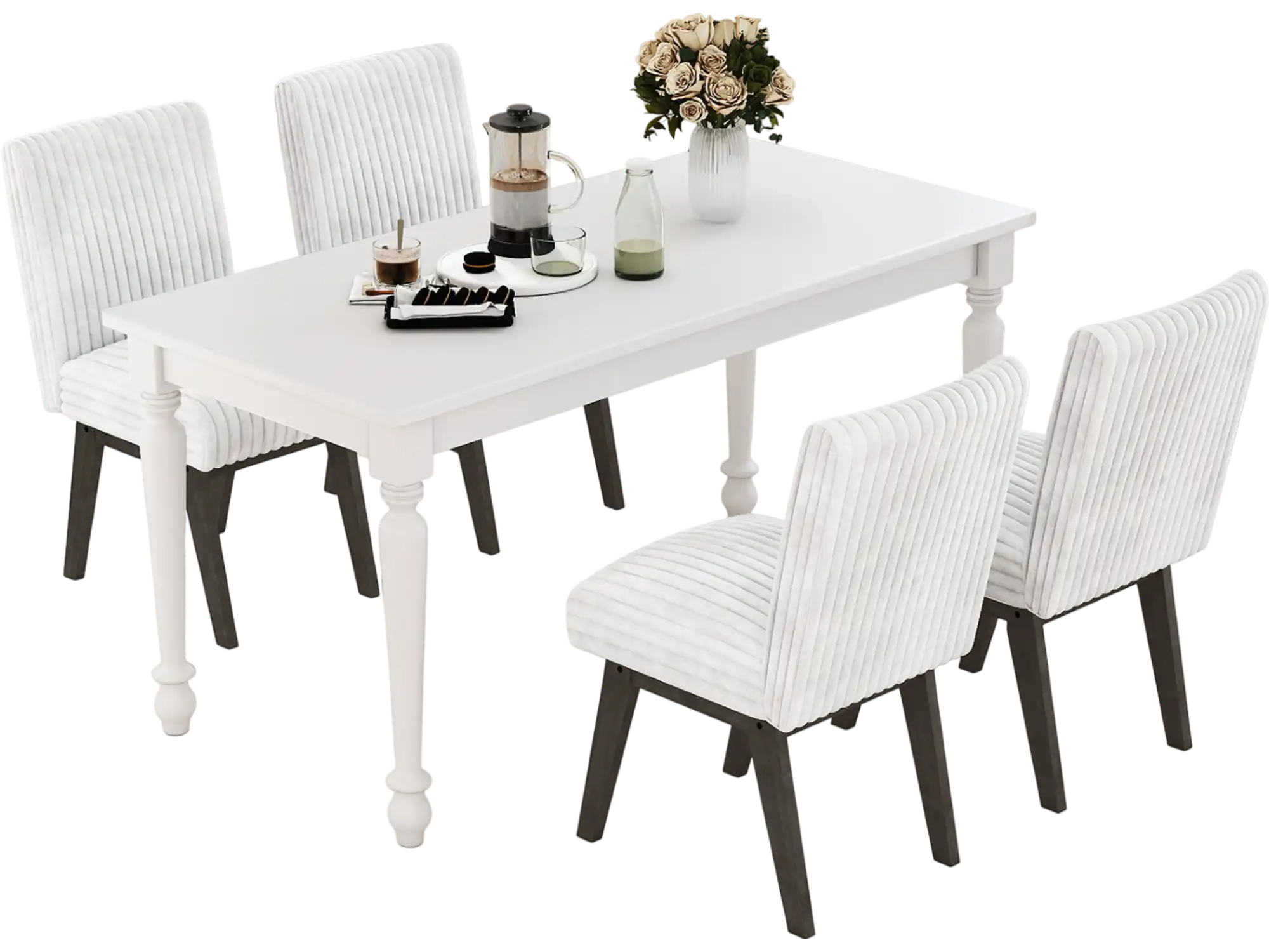 Costway Set of 4 Fabric Upholstered Dining Chairs Rubber Wood Legs White Gray 67339446 New