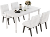 Set of 4 white and gray fabric upholstered dining chairs with padded seats and rubber wood legs, perfect for kitchens.