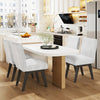 Set of 4 white and gray fabric upholstered dining chairs with padded seats and rubber wood legs, ideal for kitchen use.