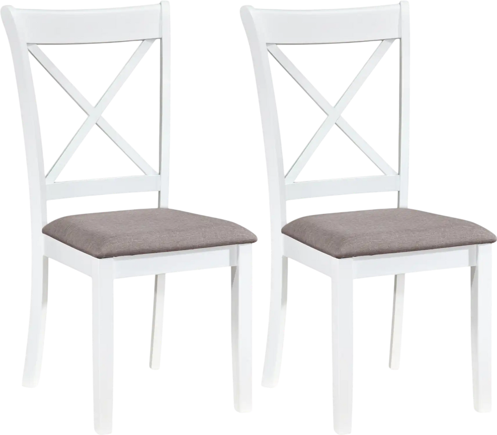 Set of 2 white rubber wood dining chairs with padded seats and comfortable backrests for stylish dining room seating.
