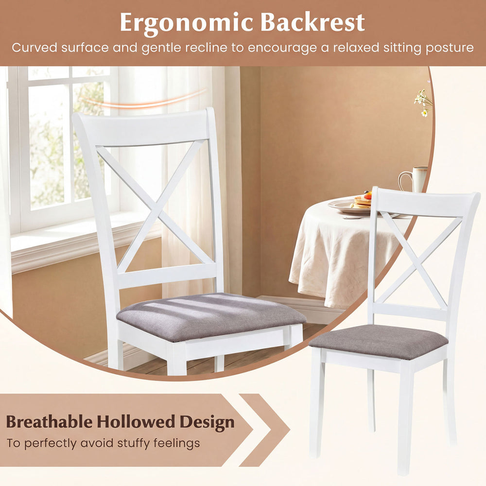 White rubber wood dining chair set with ergonomic backrest and padded seat, designed for comfort and relaxed sitting.