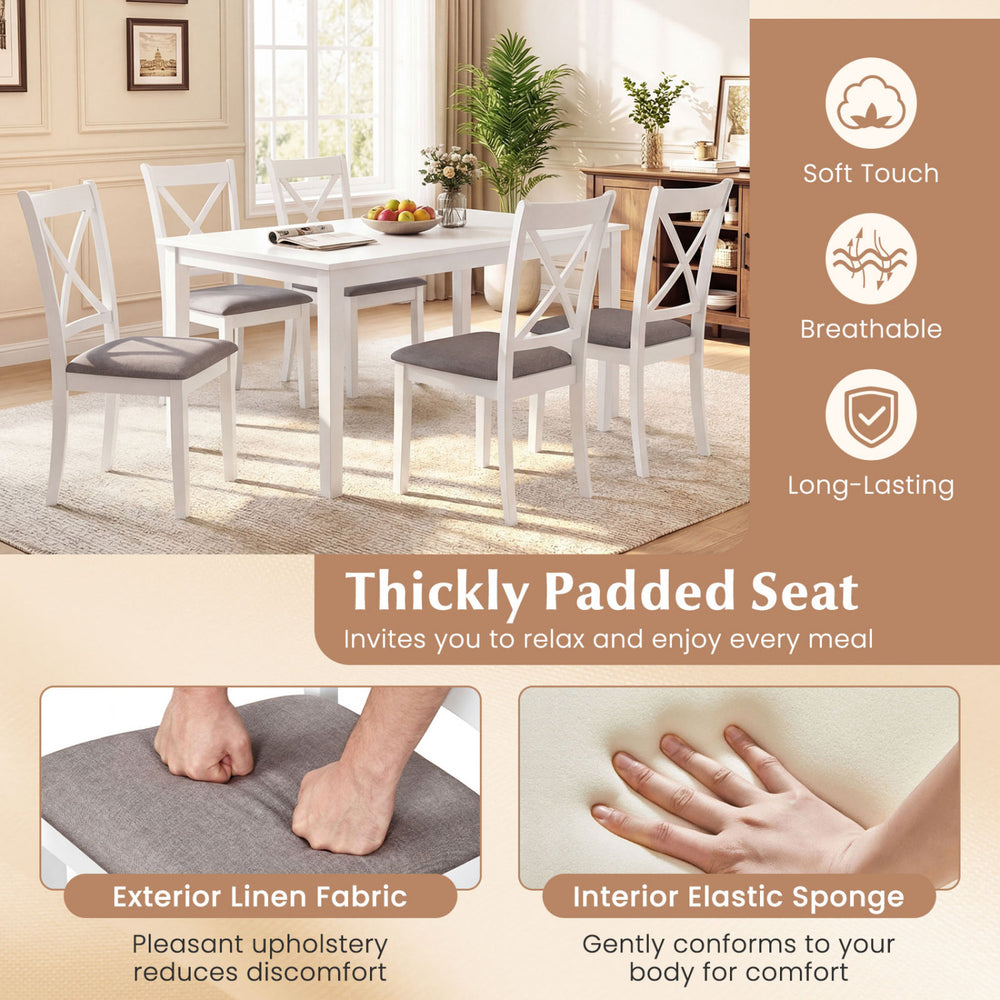 Set of 2 white rubber wood dining chairs with thickly padded seats and breathable linen fabric for comfortable dining.