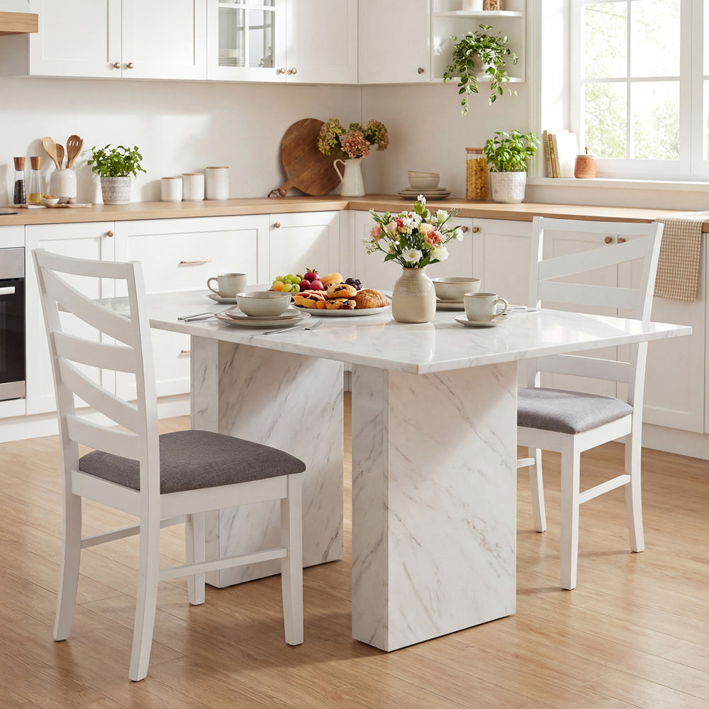 White dining chairs set of 2 with rubber wood frames and backrests, perfect for kitchen or dining room use.
