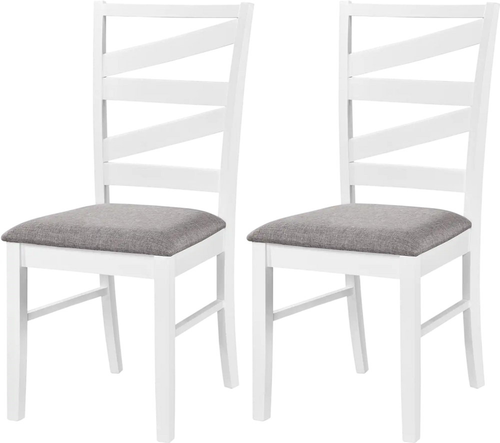 Set of 2 white dining chairs with rubber wood frames and breathable linen upholstery, ideal for kitchen or dining room.