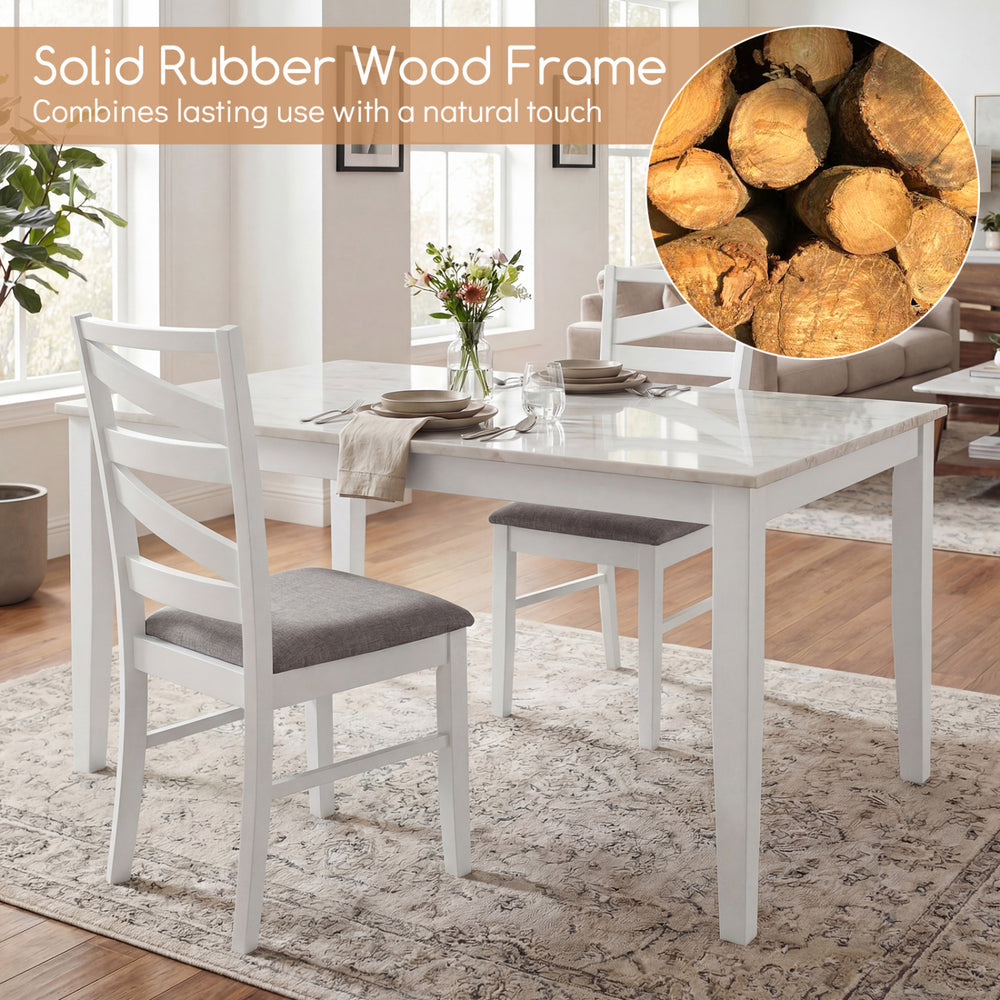 Set of 2 dining chairs with backrests, white rubber wood frames, and breathable linen upholstery for kitchen or dining.