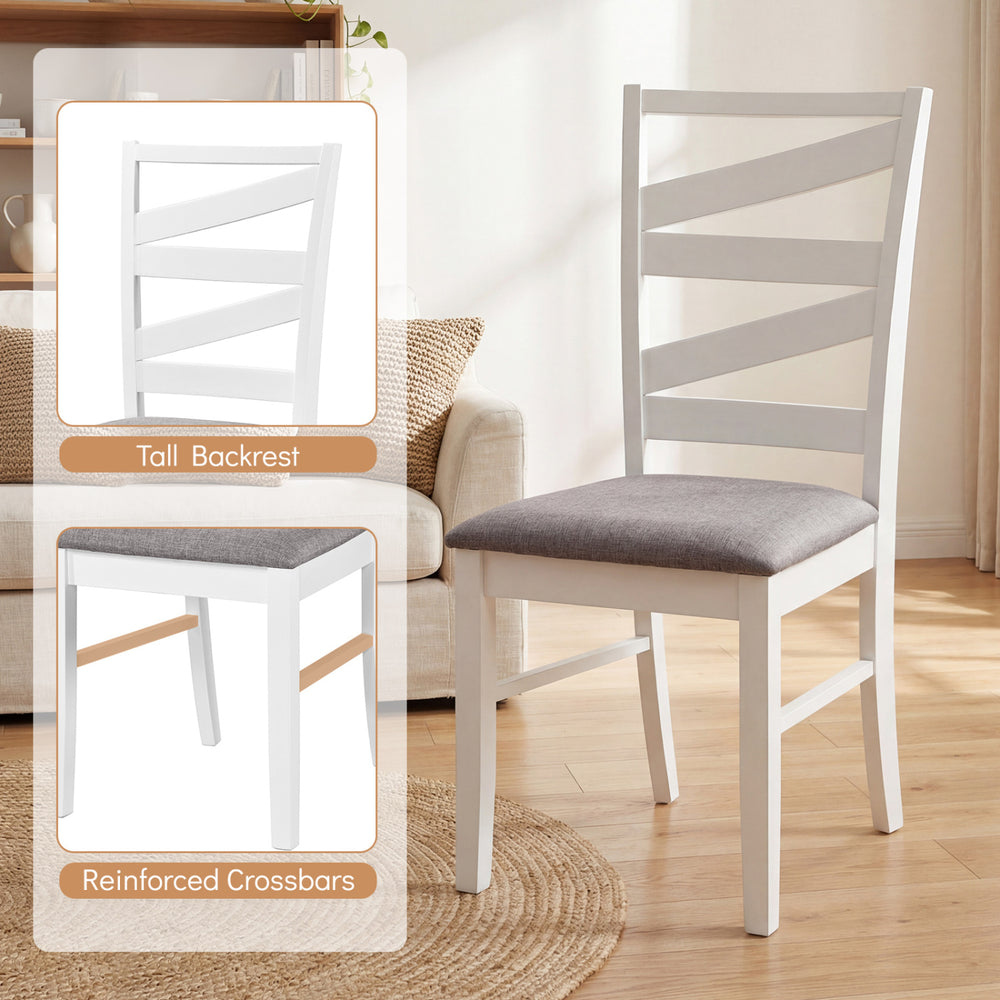 White dining chair with tall backrest and grey linen upholstery, featuring rubber wood frame and crossbar.