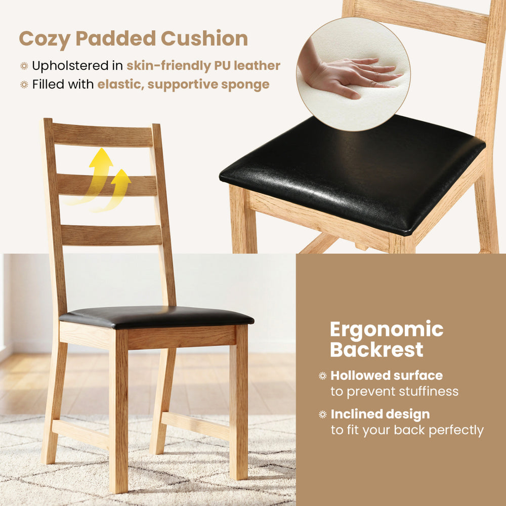 Natural dining chair with ergonomic hollowed backrest and cozy PU leather cushion, perfect for farmhouse dining rooms.