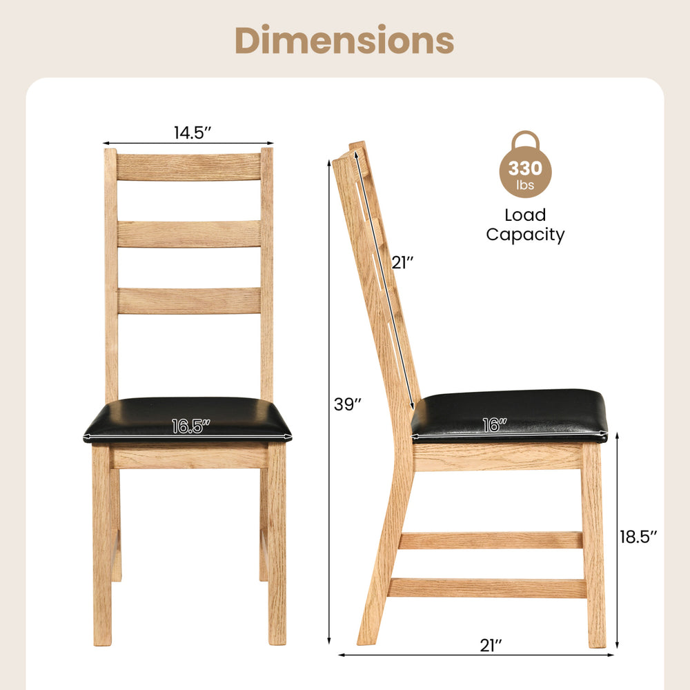 Natural farmhouse dining chair set with hollowed backrest, PU leather cushion, and solid wood legs, 330 lbs capacity.