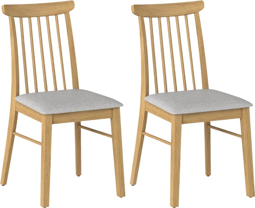 Set of 2 natural rubber wood dining chairs with fabric upholstery and spindle backrest for stylish kitchen seating.