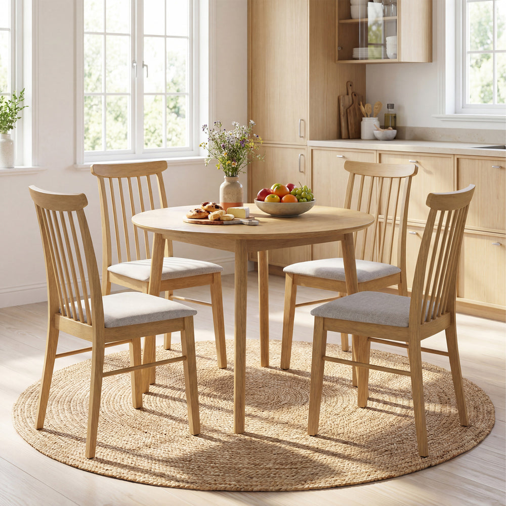 Natural rubber wood dining chairs set of 2 with fabric upholstery, featuring a spindle backrest for comfort and style.