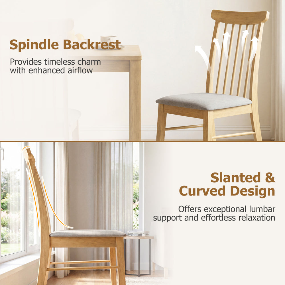 Dining chair set with spindle backrest and slanted design, featuring natural rubber wood frame for kitchen comfort.