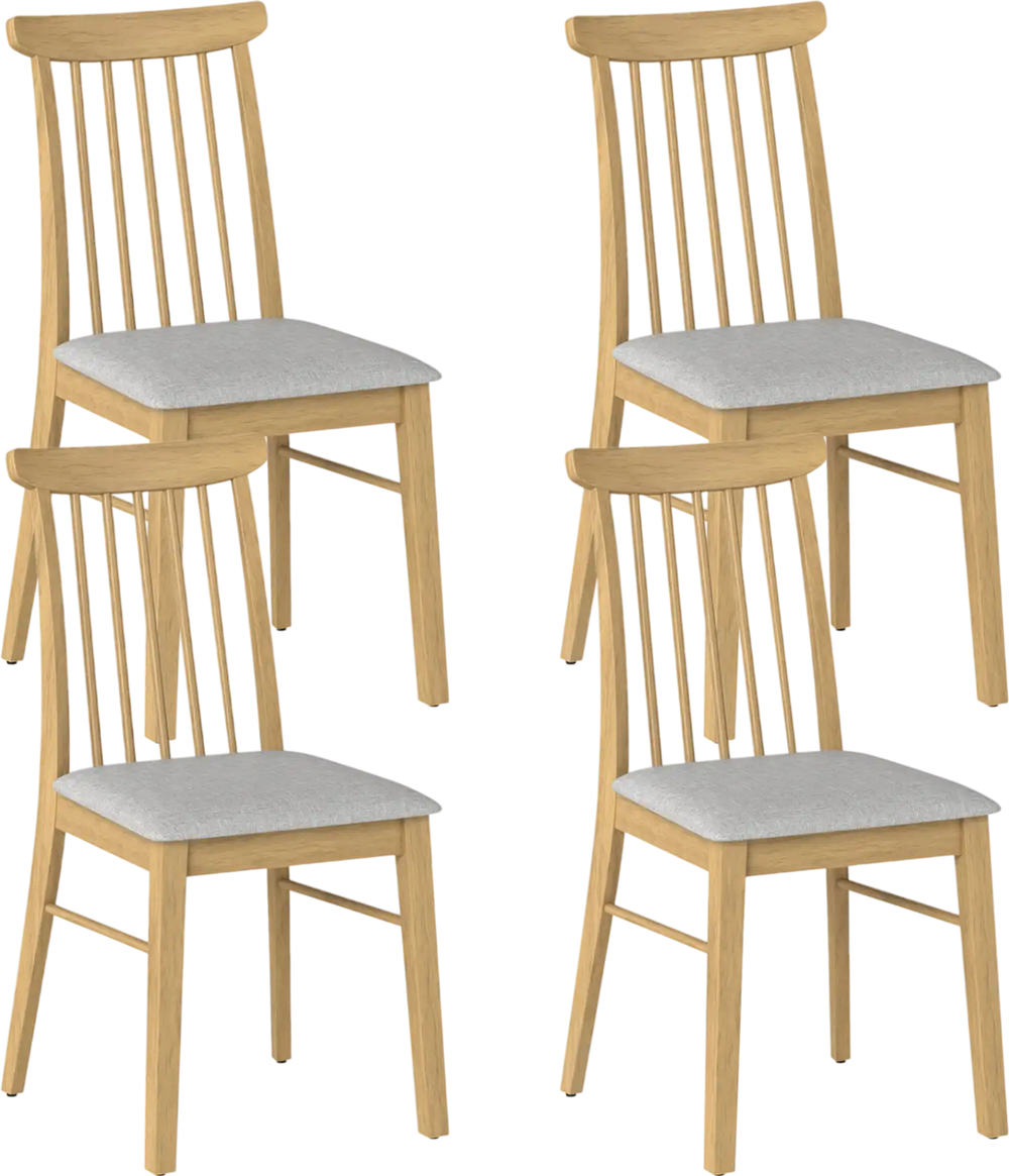 Set of 4 armless dining chairs with natural rubber wood frame and gray fabric upholstery for stylish kitchen seating.