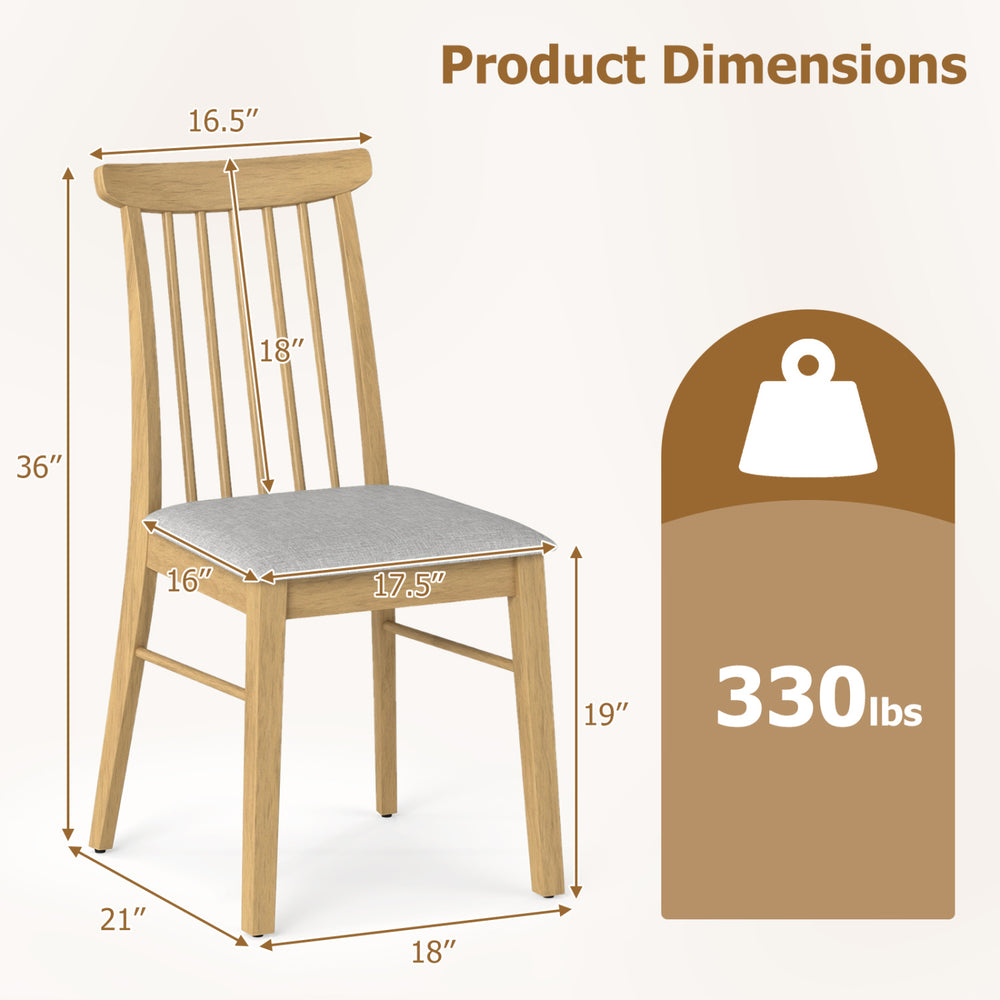 Natural rubber wood dining chair with spindle backrest, fabric upholstery, and dimensions for kitchen use.