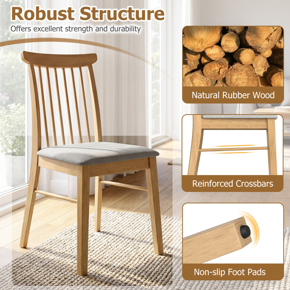 Natural rubber wood dining chair with spindle backrest, soft fabric upholstery, and non-slip foot pads for kitchen use.