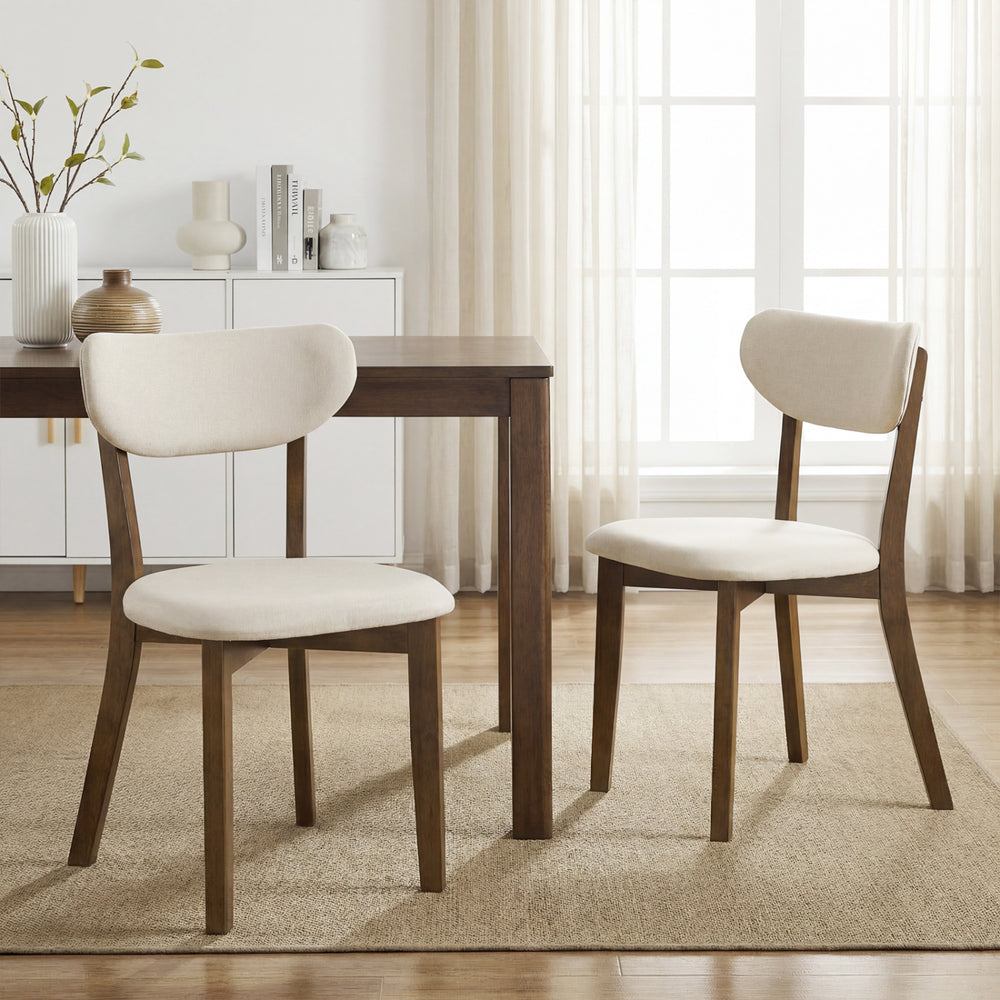 Dining Chairs Set of 2 Upholstered Mid-Back Chairs with Solid Rubber Wood Frame-White - Gallery View 1 of 9